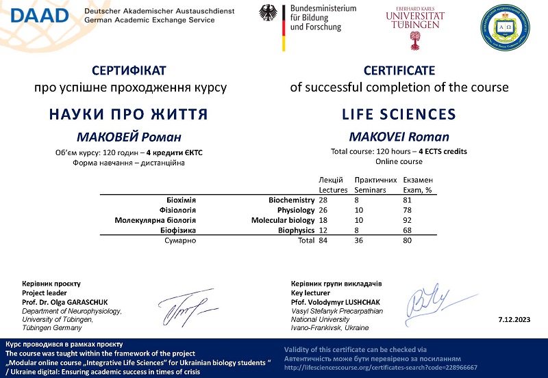 MAKOVEI Roman Certificate Life Sciences 2023