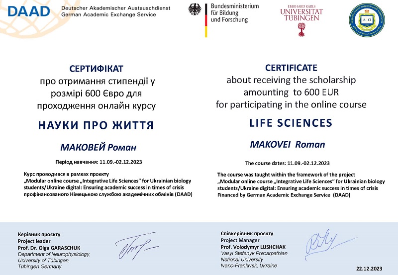 MAKOVEI Roman Certificate Life Sciences scholarships 2023